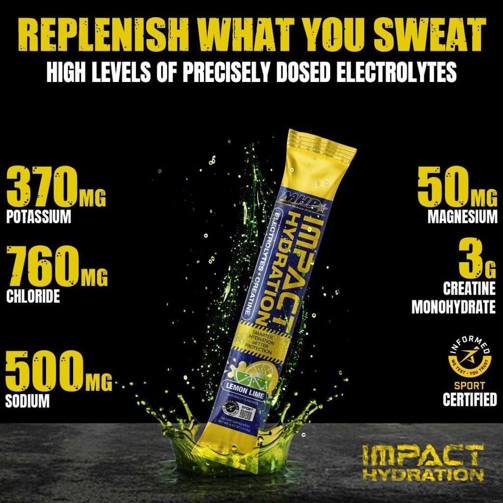 MHP Impact Hydration Electrolyte Creatine Sports Drink Stick Pack, χωρίς τεχνητά γλυκαντικά ή χρώματα, απόδοση, ανάκτηση, λεμόνι Lime, 14 κόμης