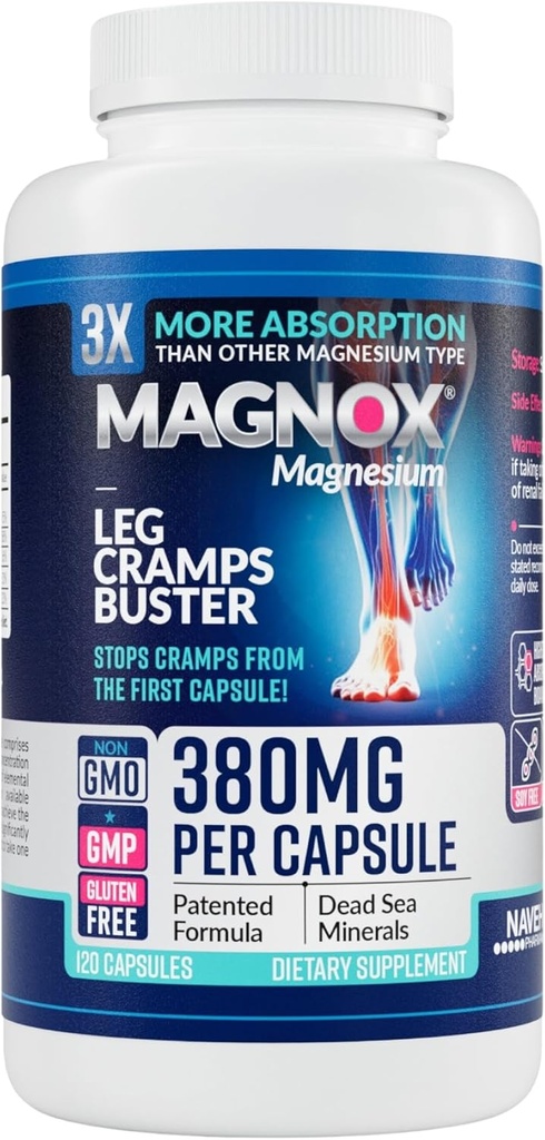 MAGNOX® Leg Cramps Buster | Night Magnezyum For Leg Cramps için 380 mg Magnezyum | Kas Spasms | 3X More Abors | Dead Sea Minerals | Sleep & Muscle | 120 Caps
