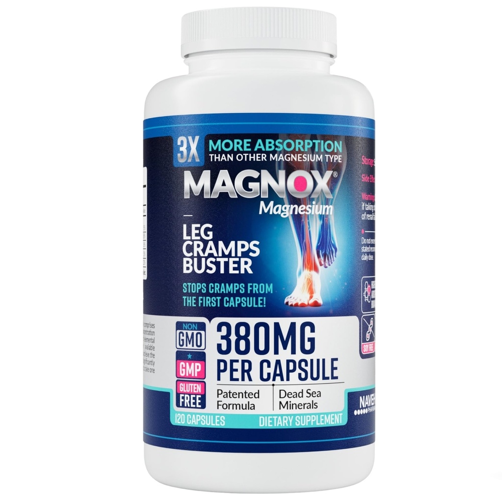 MAGNOX® Leg Cramps Buster | Night Magnezyum For Leg Cramps için 380 mg Magnezyum | Kas Spasms | 3X More Abors | Dead Sea Minerals | Sleep & Muscle | 120 Caps