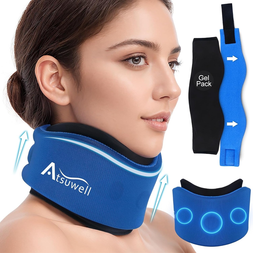 Atsuwell Neck Brace για τον ύπνο, μαλακό Cervical Collar για την υποστήριξη, ρυθμιζόμενο Neck Υποστήριξη Brace με ζεστό κρύο Gel πακέτα επαναχρησιμοποιήσιμα για πίεση γραφείου, Κόπωση, μπλε