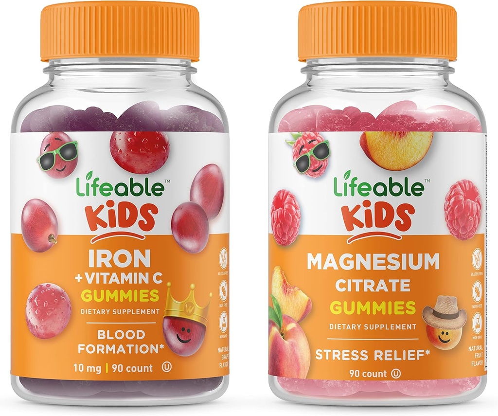 Lifeable Magnesium Citrate Kids + Iron & Vitamin C Kids, Gummies Bundle - Great Tasting, Vitamin Supplement, Gluten Free, GMO Free, Chewable Gummy