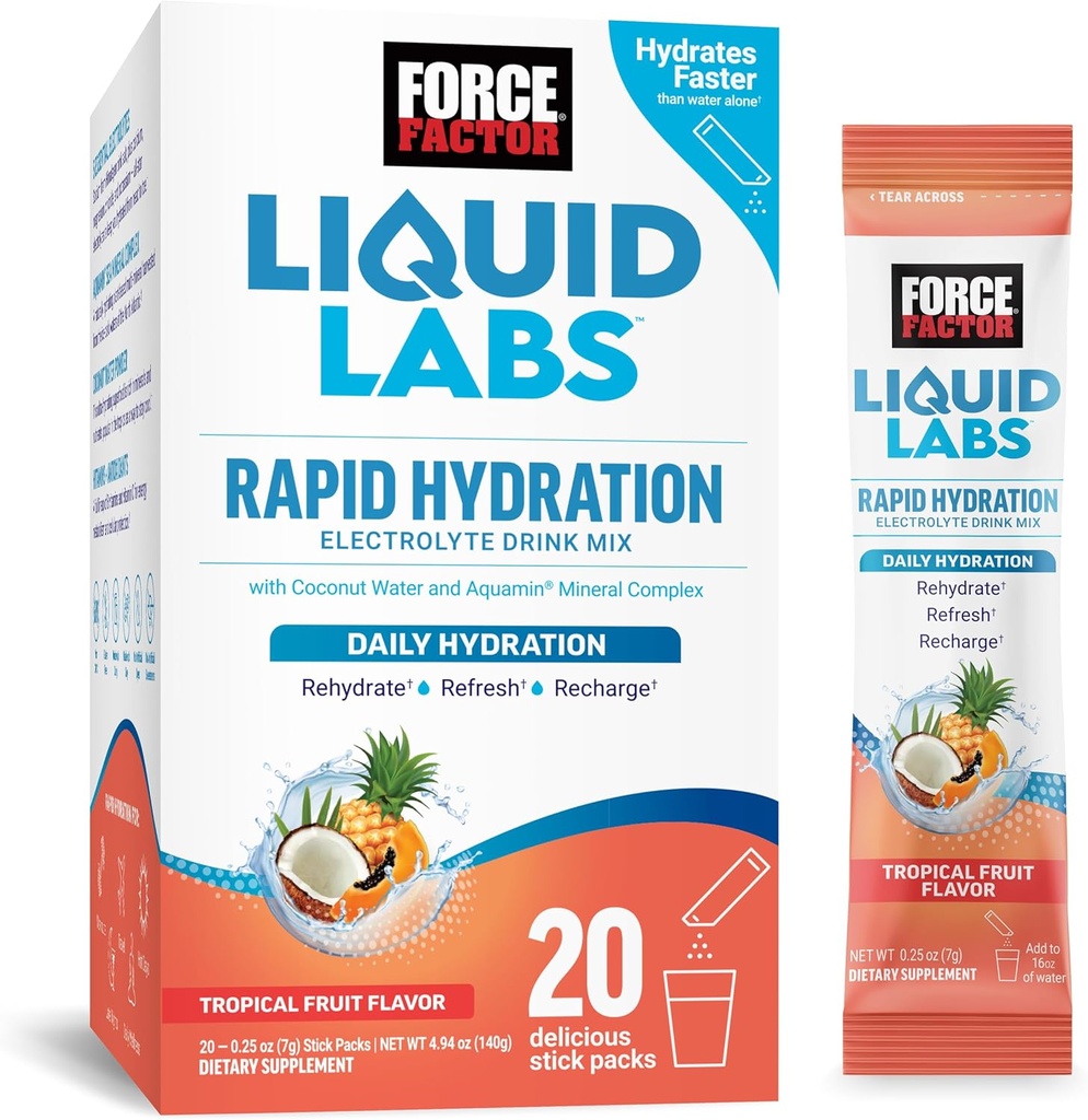 FORCE FACTOR Sıvı Laboratuvarları Elektrolytes Toz Paketleri -Tropical Meyve - Elektrolyte Water yapmak için Packets, 5 Essential Electrolytes, Vitamins, Minerals ve Antioksis, 20 Stick Packs