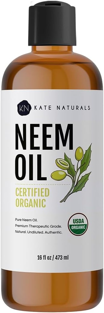 Kate Naturals Neem Oil for Plant Spray. 100% Pure Cold Pressed Neem Concentrate with Azadirachtin (16oz, Safe for Pets, Dogs)