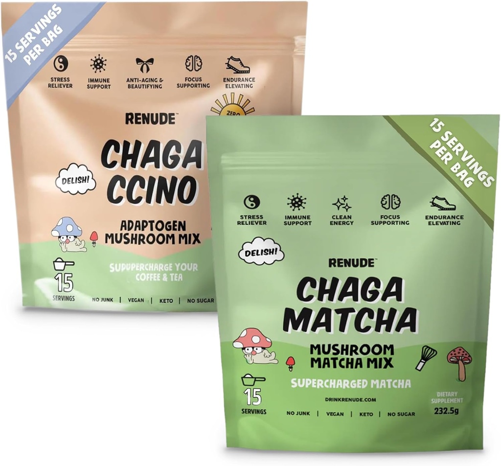 Renude Chaga Matcha ve Chagaccino - Chaga Mushroom Toz Kahve ve Matcha için, Mushroom Drink Mix with Adaptogens, Natural Energy and Immune Support, Vegan, DW - 15 Her Şeye Yardımcı Oldu