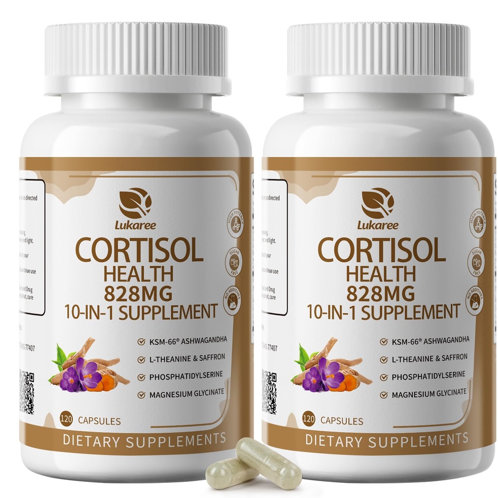 10IN-1 Cortisol Supplements with, Ashwagandha, Chamomile, L-Theanine, Phosphatidylserine, St. John's wort, Astragalus, C & D3, For Women Men, 240 Vegan Capsules for 4 Ay, Non-GMO