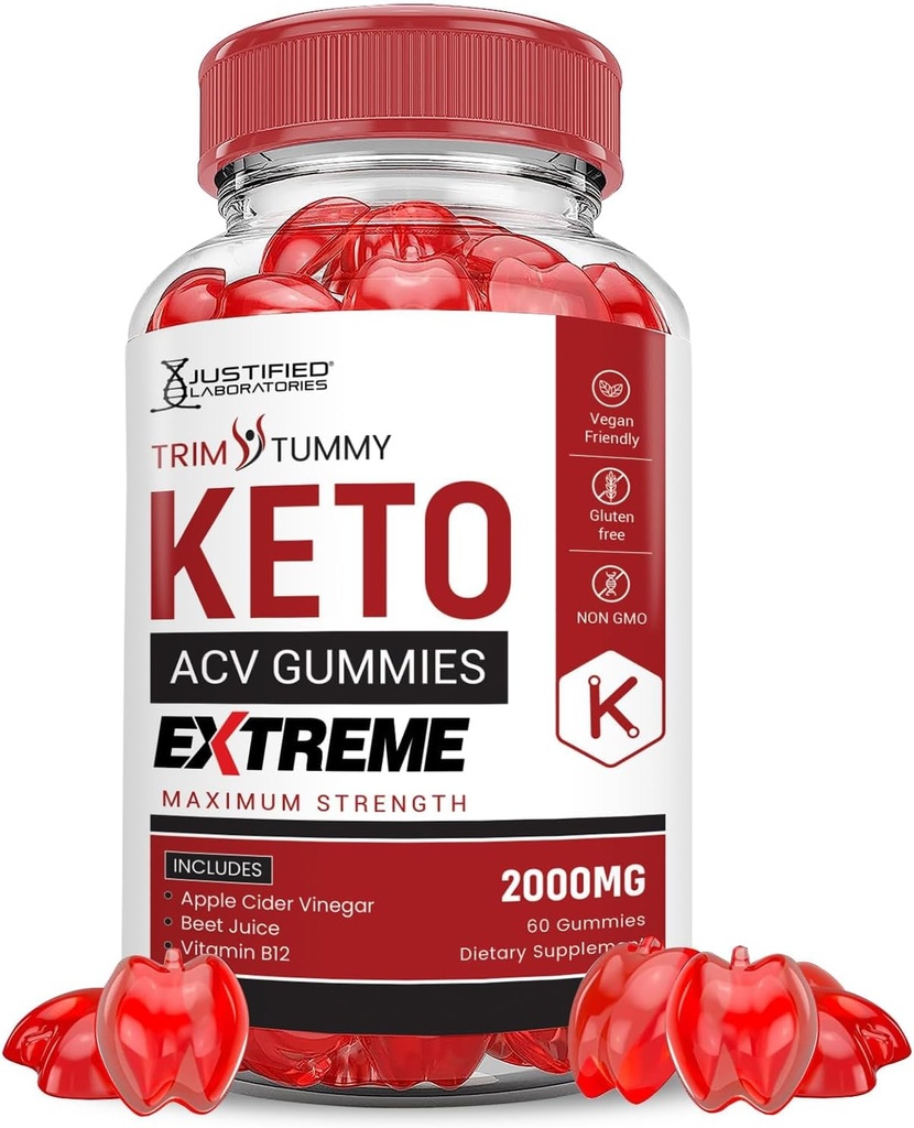 Justified Laboratories Trim Tummy Keto ACV Gummies Extreme 2000MG Trim Tummy Chem Gummies Apple Cider Vinegar Formulated with Pomegranate Beet Juice B12 Vegan Non GMO 60 Gummys