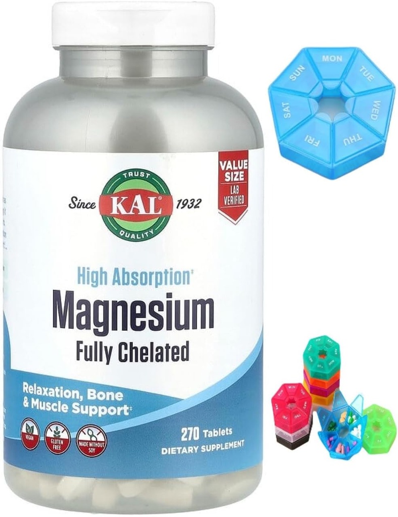 KAL, Magnezyum, Tam Chelated, High Abception, 270 Tablet + 1 Mini Pill Box için 7 Gün