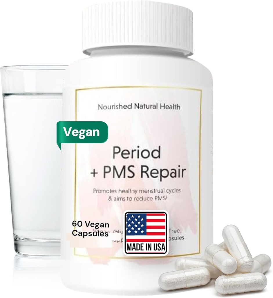 Nourished period + PMS Tamir - Erkekler Kadınlar için Doğru Lisans Desteği - Monthlys için Vegan Formula, Cramping, Mood, Headaches - 60 Capsules