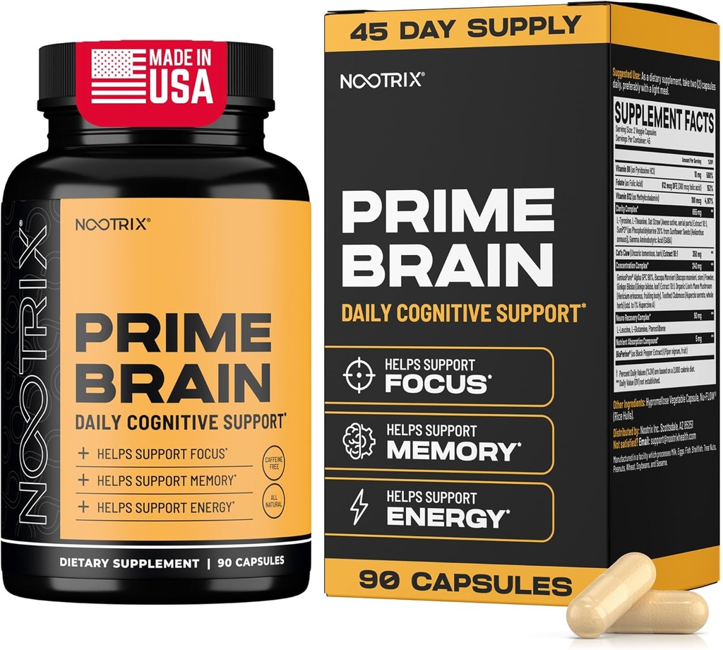 Nootrix Prime Brain Nootropic Supplement | Supports Memory, mental Focus, Cognitive Health & Energy | Sağlıklı Mood & Brain Function | Ginkgo Biloba, Lion's Mane & L Theanine | 90 Capsules