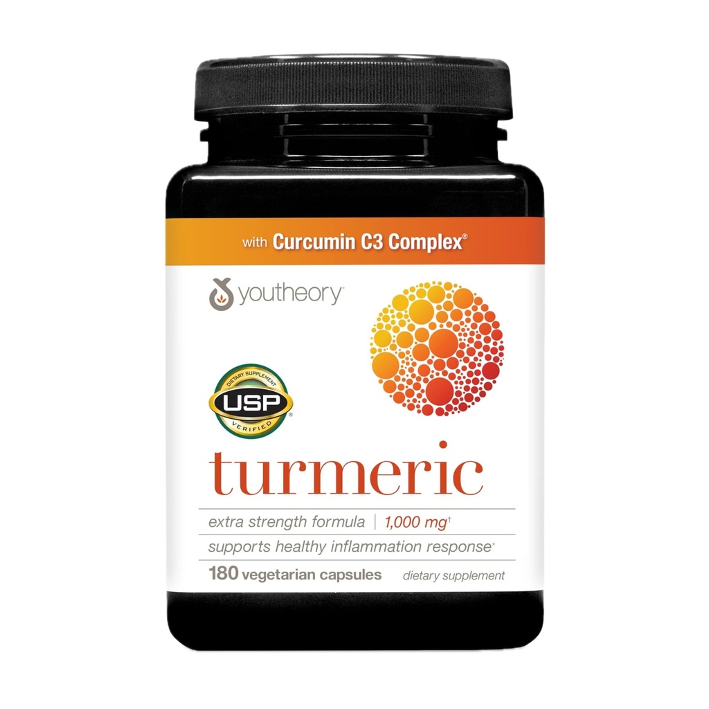 Youtheory Turmeric Extra Strength - 1.000 mg Turmeric Supplement - 10 mg Black Pepper - Curcumin Ortak Destek* - Soy, Süt & Gluten Free - 180 Vegetarian Capsules