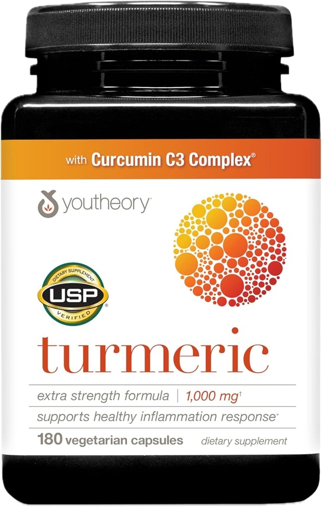 Youtheory Turmeric Extra Strength - 1.000 mg Turmeric Supplement - 10 mg Black Pepper - Curcumin Ortak Destek* - Soy, Süt & Gluten Free - 180 Vegetarian Capsules