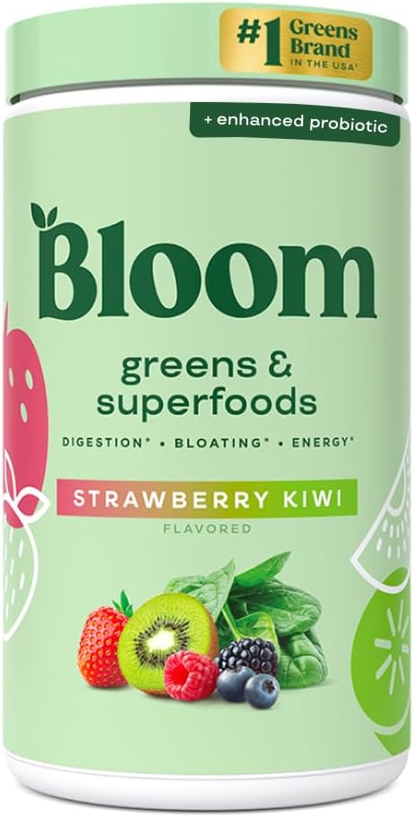 Bloom Beslenme Superfood Greens Toz, Probiyotikler ve Prebiyotiklerle Digestive Enzymes, Gut Health, Kadınlar için Bloating Relief, Chlorella, Green Juice w Beet Root Toz, 60 SVG, Strawberry Kiwiwi
