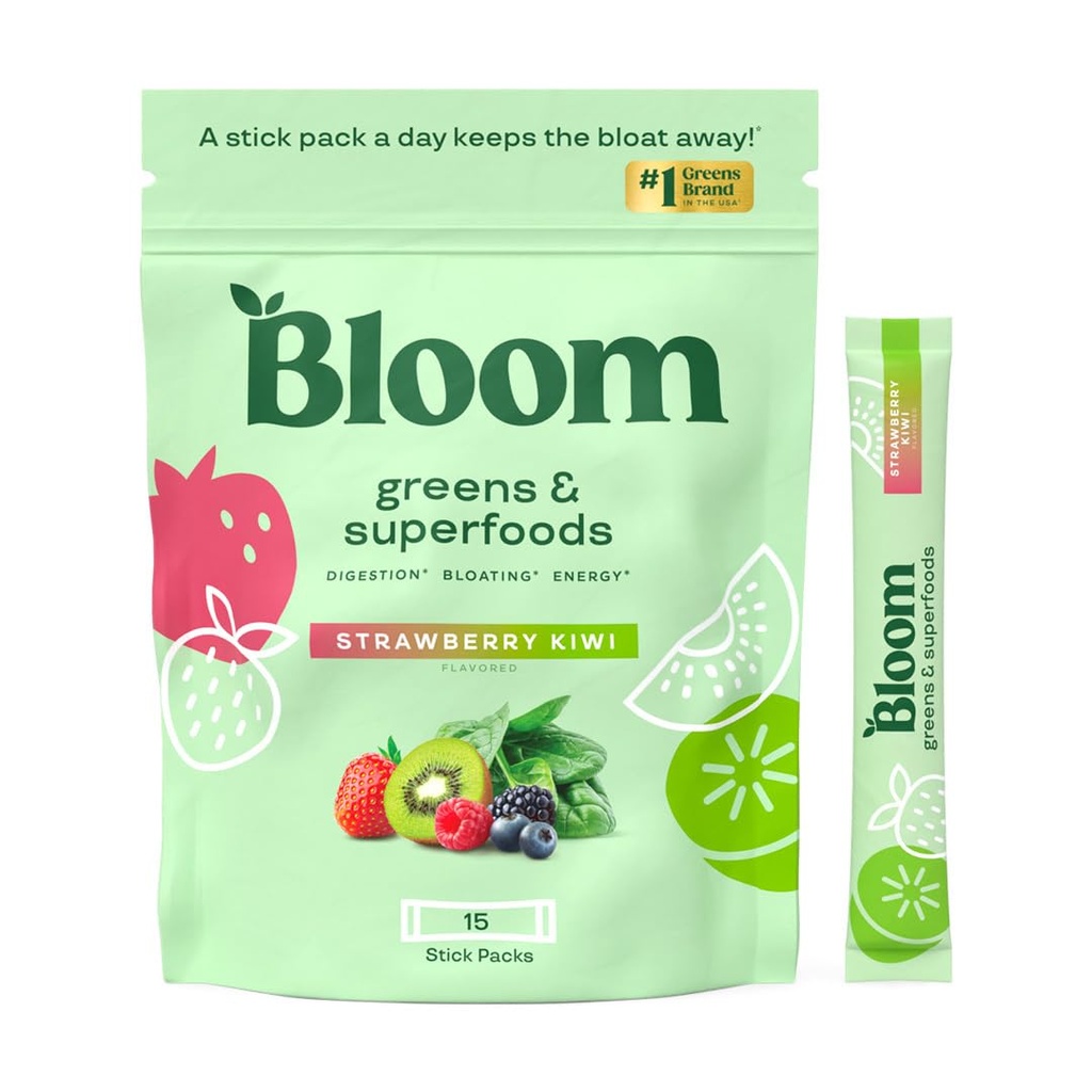 Bloom Nutrition Superfood Greens Powder, Digestive Enzymes with Probiotics and Prebiotics, Gut Health, Bloating Relief for Women, Chlorella, Green Juice Mix w Beet Root Powder, 60 SVG, Φράουλα Kiwi