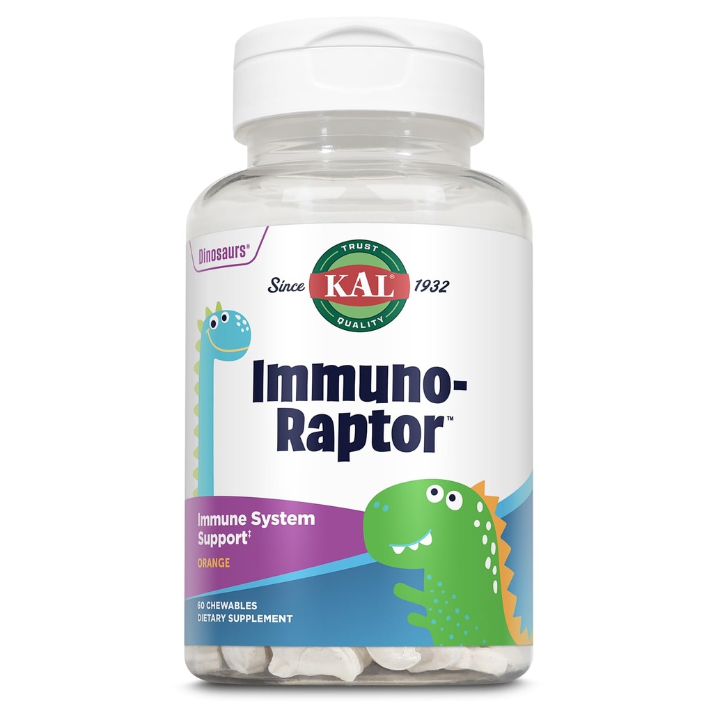 KAL ImmunoRaptor Çocuklar Immune Support Chewables, Vitamin C ve çinko Sağlıklı Hücre Fonksiyonları, Dinozor Şekilli, Orange Flavor, Gluten, Lactose ve Peanut-Free, Xylitol ile tatlı, 60 Hizmet