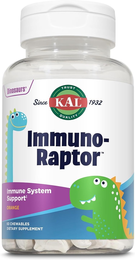 KAL ImmunoRaptor Παιδιά Ανοσοποιητική υποστήριξη Μασώμενα, βιταμίνη C και ψευδάργυρος για υγιή λειτουργία κυττάρων, Δεινόσαυρο Σχήμα, Πορτοκαλί Γεύση, Γλουτένη, Λακτόζη, και Φυστίκι-ελεύθερο, Γλυκασμένα με Ξυλιτόλη, 60 Σερβιέτες