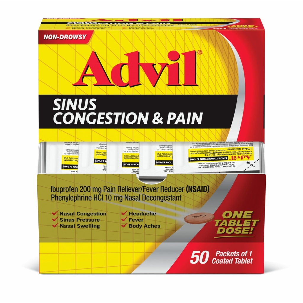 Advil Sinus Congestion ve Pain, Sinus Relief Medicine, Pain Reliever ve Ibuprofen ve Phenyleph HCl - 50 Kaplamalı Tabletler