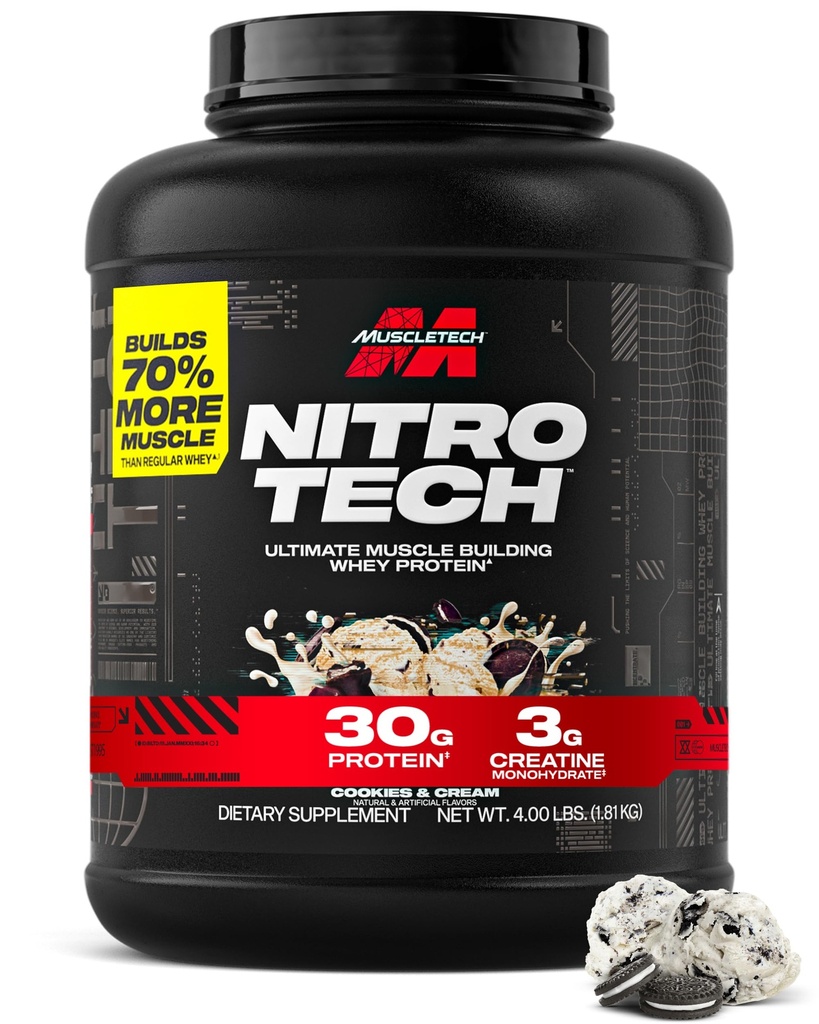 Muscletech Whey Protein Powder (Cookies & Cream, 4 Λίρες) - Nitro-Tech Ultimate Muscle Building Formula με Whey Protein Isolate - 30g Protein, 3g Creatine & 6,8g BCAA - Συσκευασία Μαΐου Vary