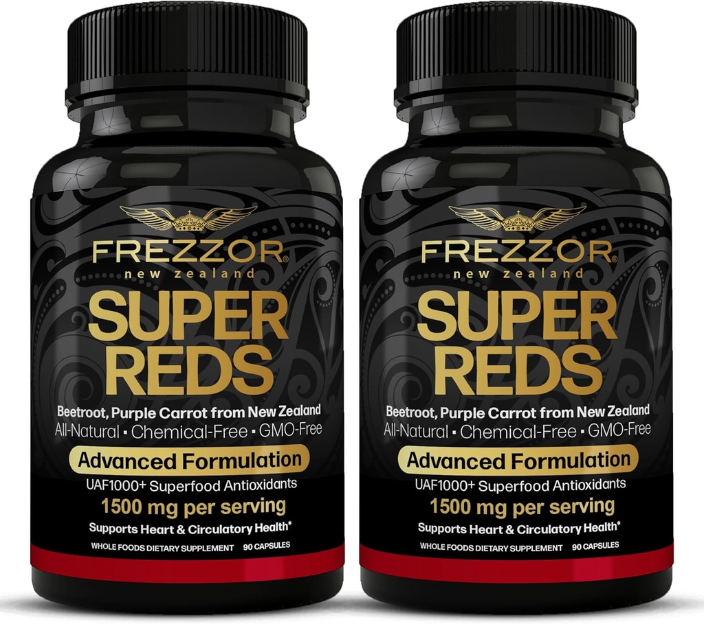 FREZZOR Super Reds Capsules with UAF1000+, All- Natural New Zealand Red Superfood Energy, Essential Red Fruits Veggies & Beets, Antioksis, Enzymes, Energy Supplements, 180 Capsules, 2 Şişeler,