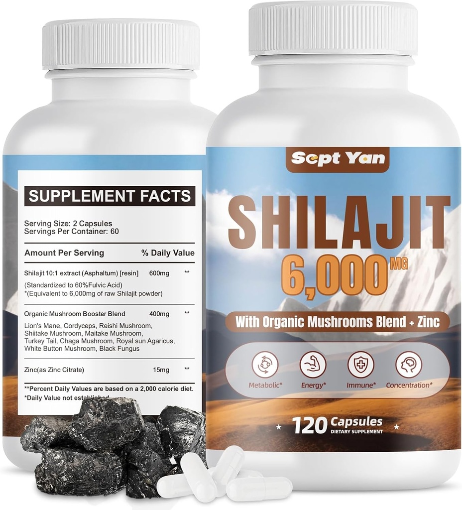 Shilajit Himalaya Capsules - Pure Himalaya Organik Supplement with Mushrooms Blend, çinko - 2 Ay Güçlü, Stamina, Brain & Immune Health - Shilajit for Women & Men 120 Vegan Count