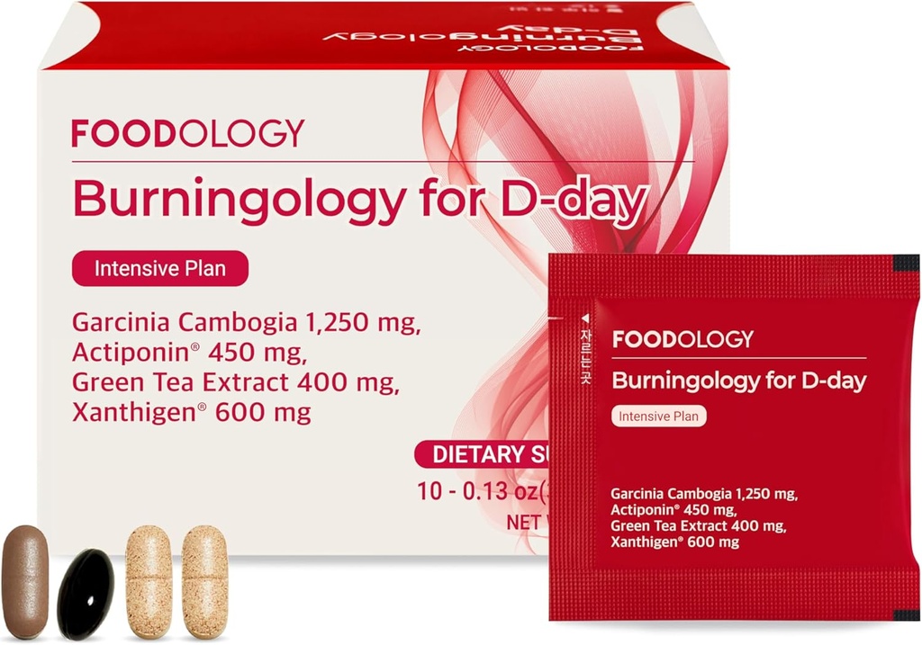 FOODOLOGY Burningology D-Day, Appetite Suppressant for Women & Men, Boost Mood, Support Weight Loss and Burn Calories, Garcinia Cambogia Supplement, Green Tea Extract - 10 Packets