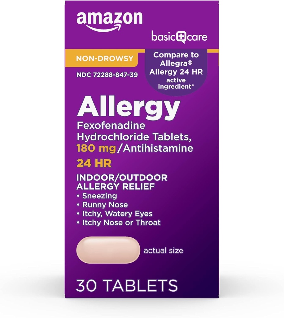Temel Bakım Tüm Gün Alerji Yardımı, Fexofenadine Tablet Tabletleri, 180 mg, Antihistamin, Non-Drowsy, 24 Saat Yardım, 30 Count