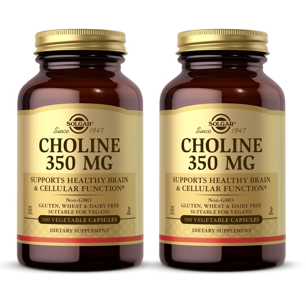 Solgar Choline 350 mg - 100 κάψουλες λαχανικών, Συσκευασία των 2 - Μη ΓΤΟ, Vegan, Kosher - 200 Σύνολο Υπηρεσιών