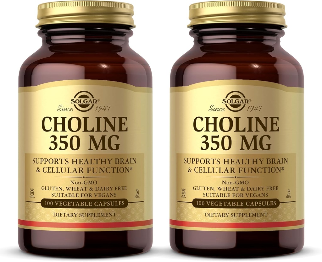 Solgar Choline 350 mg - 100 Sebze Kapsülleri, 2 Paket - Non-GMO, Vegan, Kosher - 200 Toplam Hizmet
