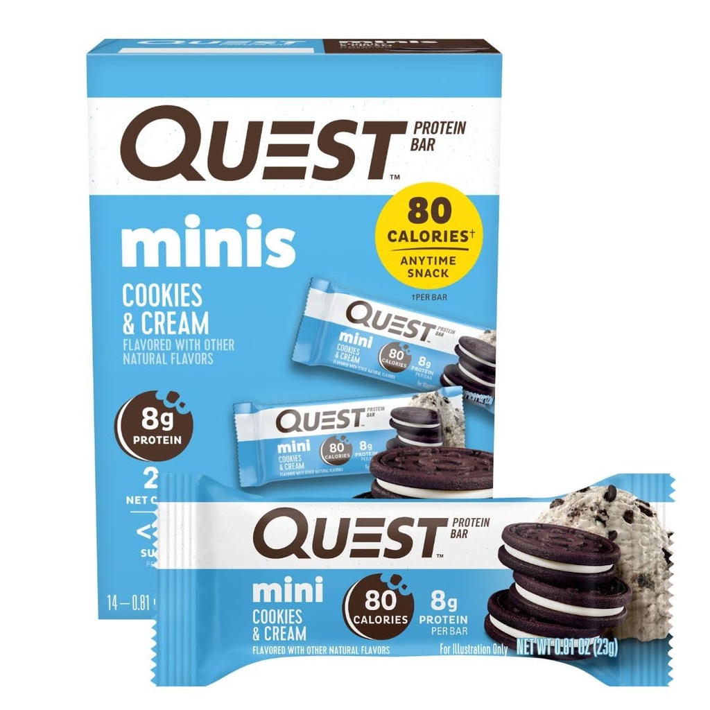 Quest Nutrition Mini Cookies & Cream Protein Bars, 8g protein, 1g Sugar, 2g Net Carbs, Gluten Free, 14 Count