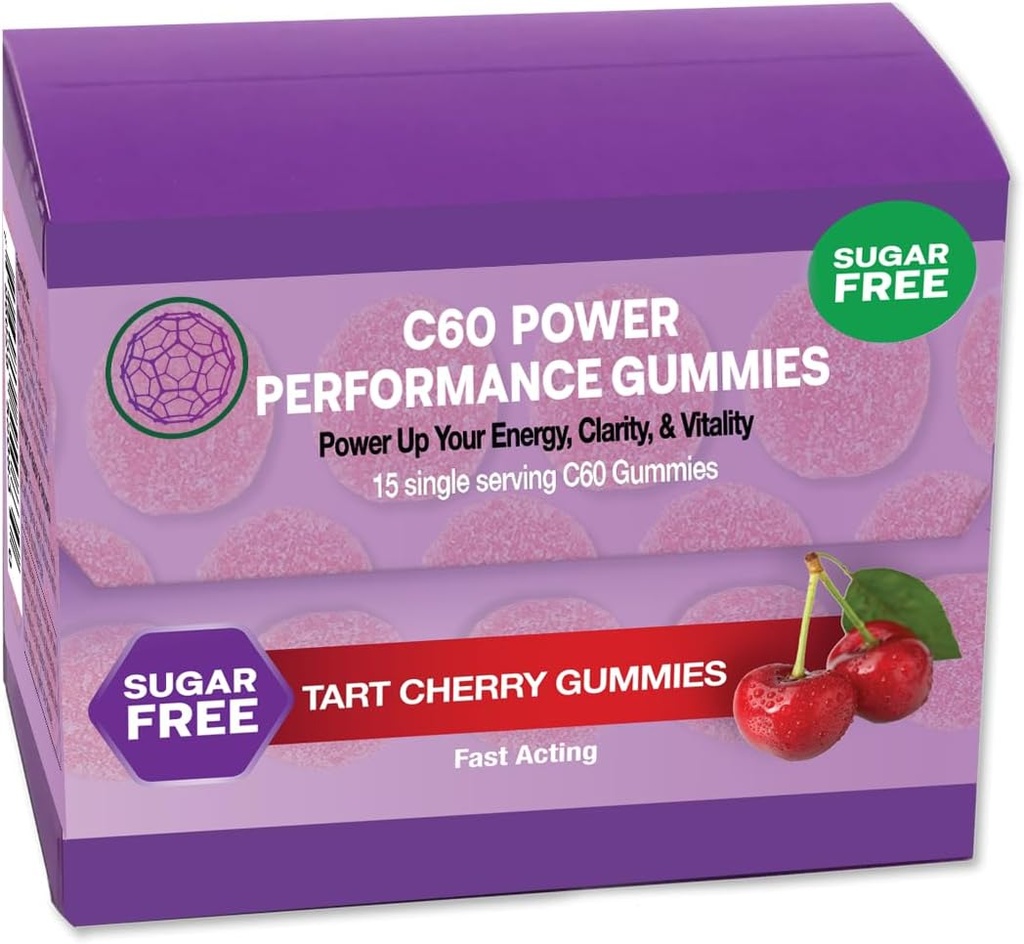 C60 Power Gummies, 1 Box of 15 Servings Sugar-Free Tart Cherry - 99.99% Pure, Sublimated C60Carbon Fullerenes and Organic Coconut Oil, Made in The USA, Supports Energy & Mental Clarity