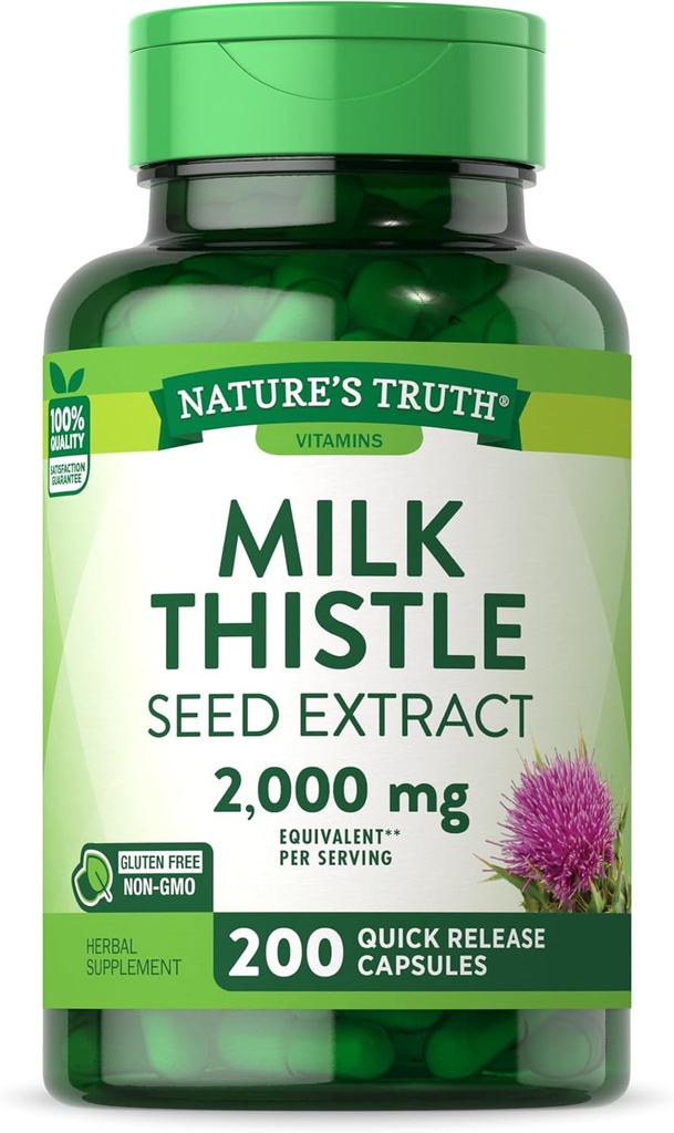 Nature's Truth Milk Thistle Supplement | 2000mg | 200 Capsules | Non-GMO ve Gluten Free Seed Extract | Silymarin Marianum