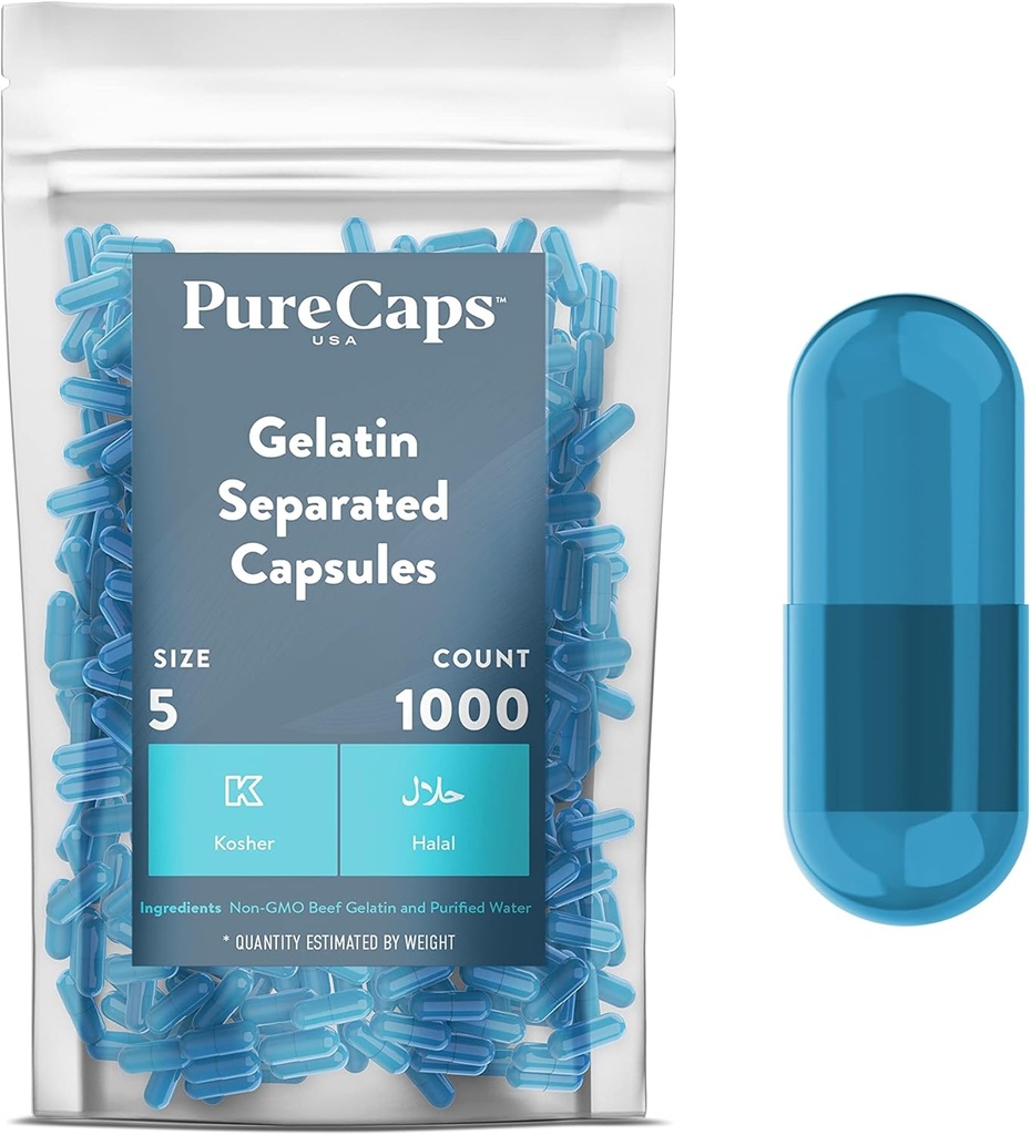 PureCaps USA - Boş Gelatin Capsules Boyutu 5 / 1000 Ayrılı Pills| Blue| Non-GMO Sertifikalı| SLS, Gluten, Preservative Free Free