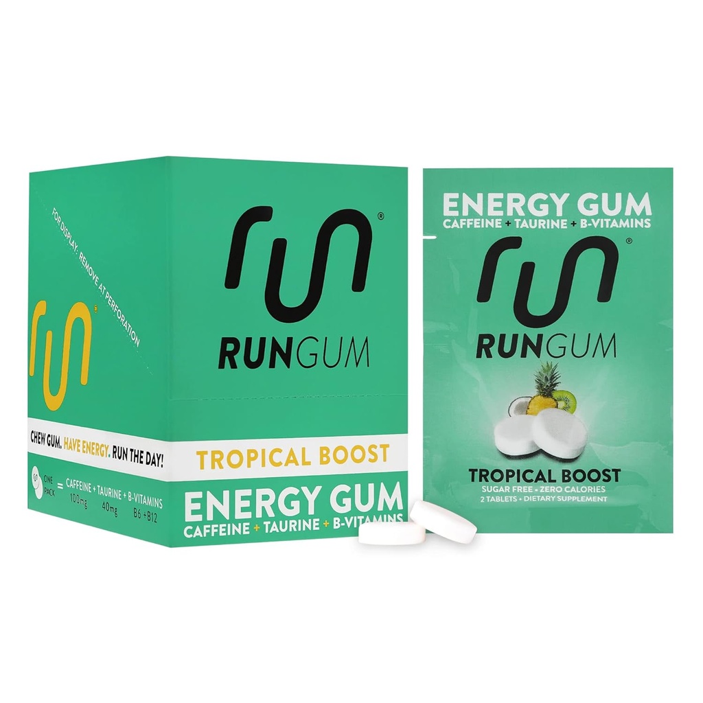 RUN GUM Tropikal Enerji Chewing Gum 50 mg Caffeine Taurine & B-Vitamins Per Piece, 24 Adet (Pazar 12) Sugar Free, Zero Calorie, No Aspartame, ve Gluten Free, 1 eame