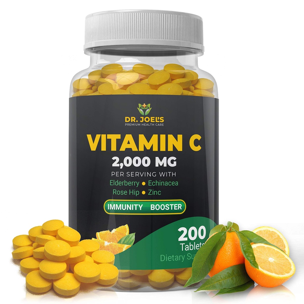 Dr. JOEL'S Immune Support Vitamin C 2000 mg - 200 Tablet - çinko, Elderberry, Rose Hip, Echinacea - ABD'de Immune System- Made in USA