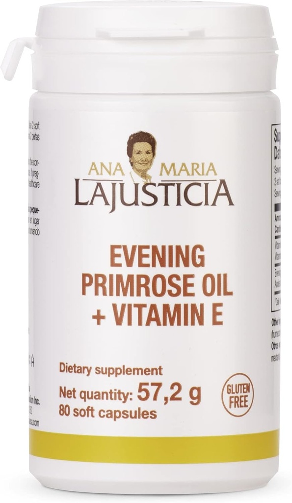 Ana Maria Lajusticia - Primerose Oil + Vitamin E - 80 Soft Capsules Pack -1000 mg. Gluten Free, Lactose Free ve Sugar Free. All Natural.