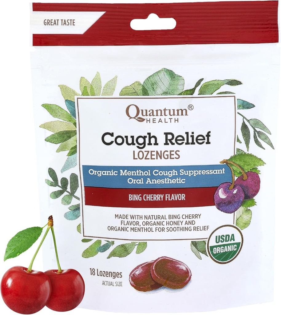 Kuantum Sağlık USDA Organik Cough Drops Menthol & Honey Throat Lozenges - Soothing Bing Cherry Flavored Suppressant - Kuru Mouth & Sore Throat Relief for Yetişkinler & Kids - 18 Count