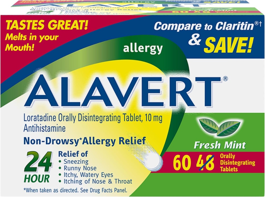 Alavert Alerji 24 Saat Yardımı, Fresh Mint Flavor, Orally Disintegrating Antihistamin, Loratadine 10 mg, 60 Count