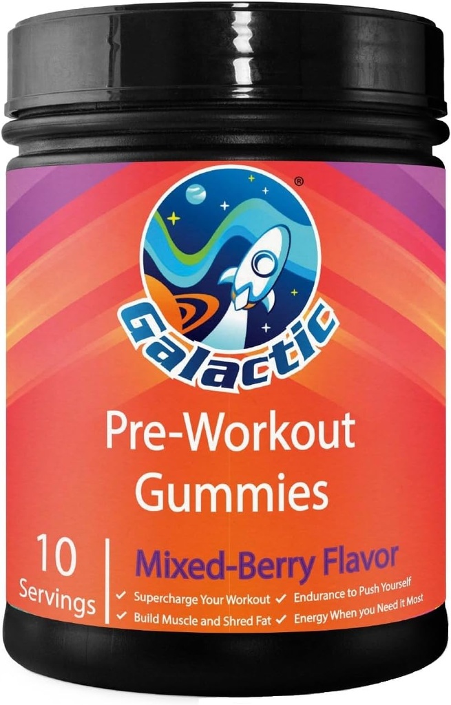 Γαλαξιακή προ-εξάσκηση Gummies, όλα φυσικά, 250mg καφεΐνη, Beta-Αλανίνη, L-Citrulline, L-Θεανίνη, Chromium Picolinate, 10 εξυπηρετούν