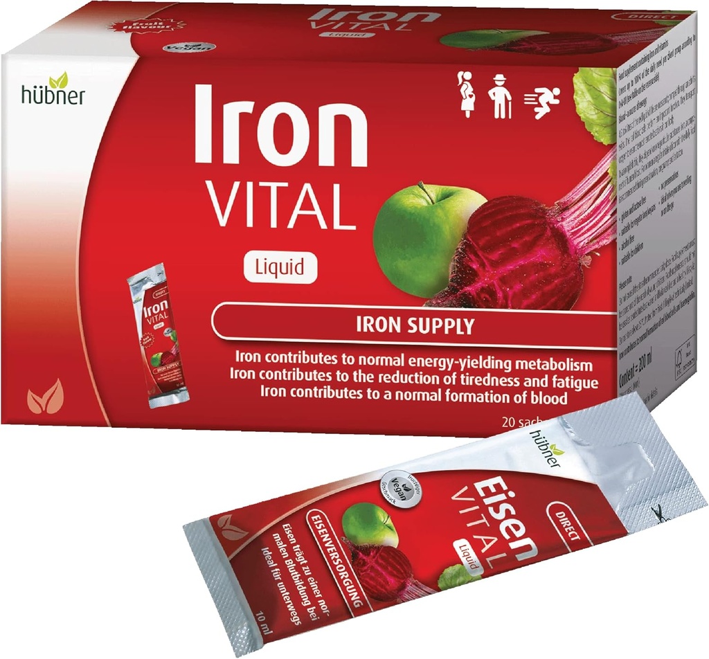 Hübner Iron Vital Liquid Iron Supply Plus C, Diyeter Supplement for Yetişkinler and Kids, Vegan and Gluten-Free, Fruit Flavor, Box of 20 Packets, 10 ml Her