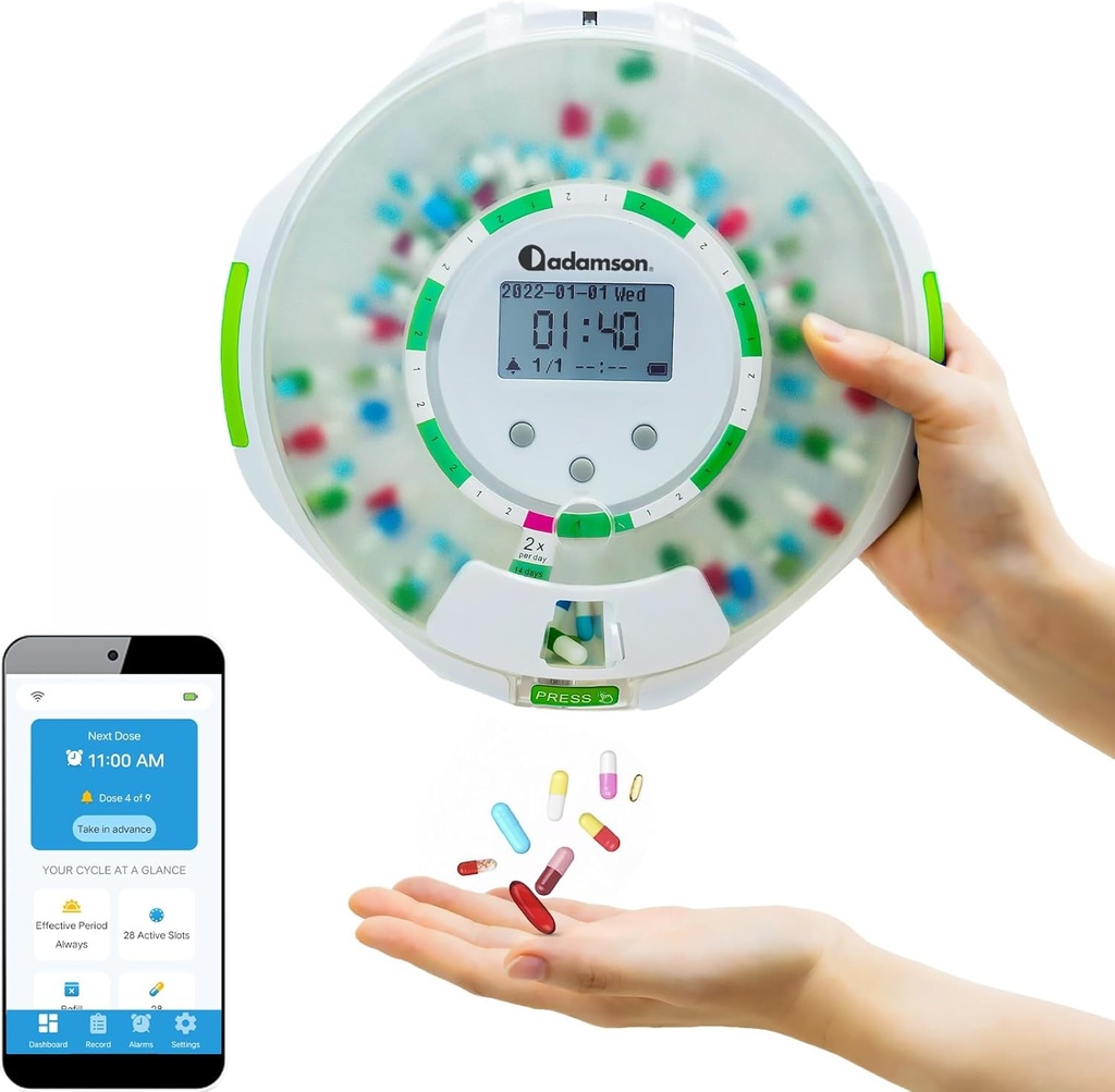 Adamson Zamanlı Alarm + WiFi App İzleme + 28 Günlük Tıp Işığı + Alarm & Alzheimer Care + Lock Key + White Green Green Green