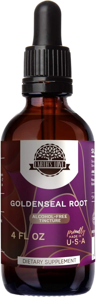 Earth's Love - Goldenseal Root Alcohol-Free Herbal Extract Tincture, Super-Concentrated Goldenseal (Hydrastis Canadensis) Dried Root (4 Fl Oz)