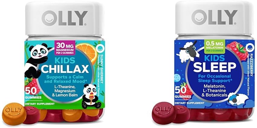 OLLY Kids Chillax Gummies L-Theanine Magnezyum Limon Balm 50 Kont & Sleep Gummies 0,5 mg Melatonin L Theanine Chamomile Lemon Balm 50 Kont
