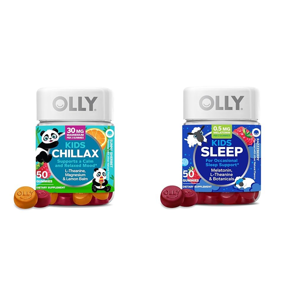 OLLY Kids Chillax Gummies L-Theanine Magnezyum Limon Balm 50 Kont & Sleep Gummies 0,5 mg Melatonin L Theanine Chamomile Lemon Balm 50 Kont