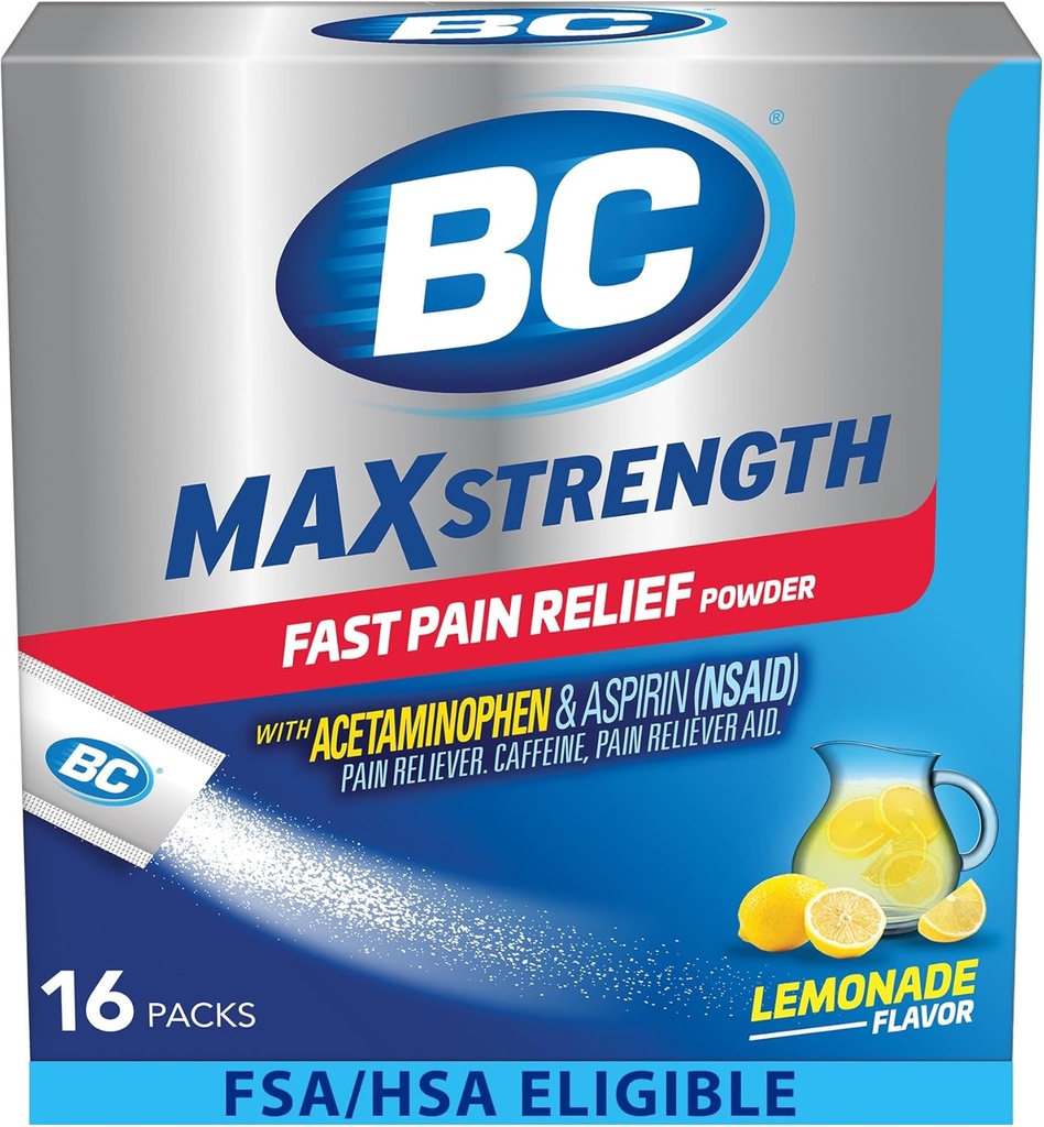BC MAX Fast Pain Relief Toz, Lemonade Flavor aspirin 500 mg ve Acetaminophen 500 mg Dissolve Packs, 16