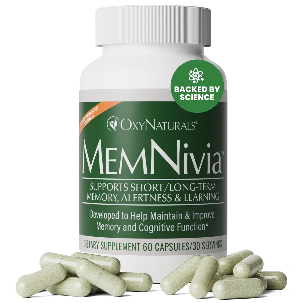 MemNivia Brain Supplements for Memory & Focus | Dual-Sage Stem Cell Formula with Cognivia®, Bacopa, Holy Basil & Ginger | Klinik Proven mental Clarity Support | 60 Capsules (1 Şişe) | ABD Made