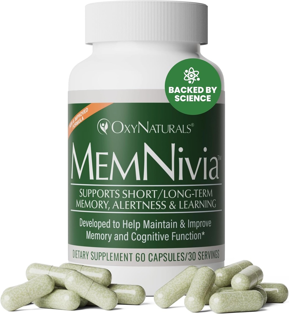 MemNivia Brain Supplements for Memory & Focus | Dual-Sage Stem Cell Formula with Cognivia®, Bacopa, Holy Basil & Ginger | Klinik Proven mental Clarity Support | 60 Capsules (1 Şişe) | ABD Made