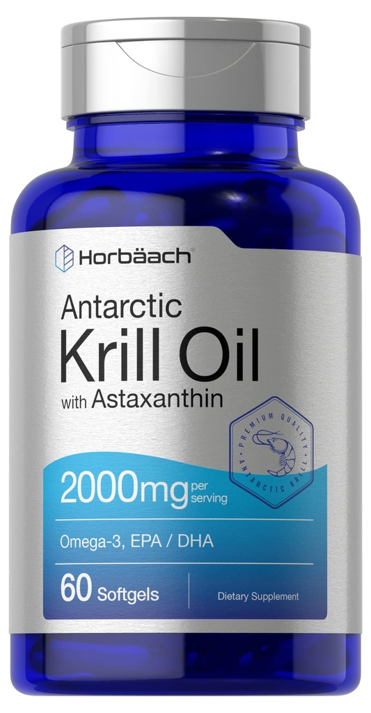 Horbäach Antarktika Krill Oil 2000mg | 60 Softgel Capsules | Omega-3, EPA, DHA Supplement | Astaxanthin | Non-GMO, Gluten Free