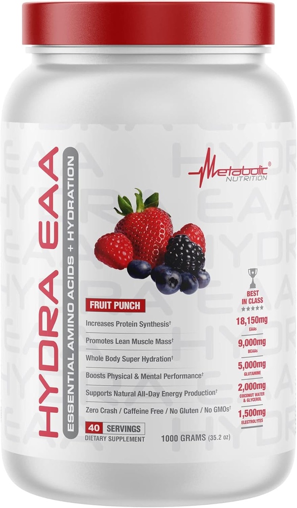 Metabolik Beslenme Hydra EAA, Essentials Asits + Hydration, EAAs, BCAAs, Glutamine, Electorlytes, Coconut Water & Glycerol, Amazing Flavors (Fruit Punch, 1000g)