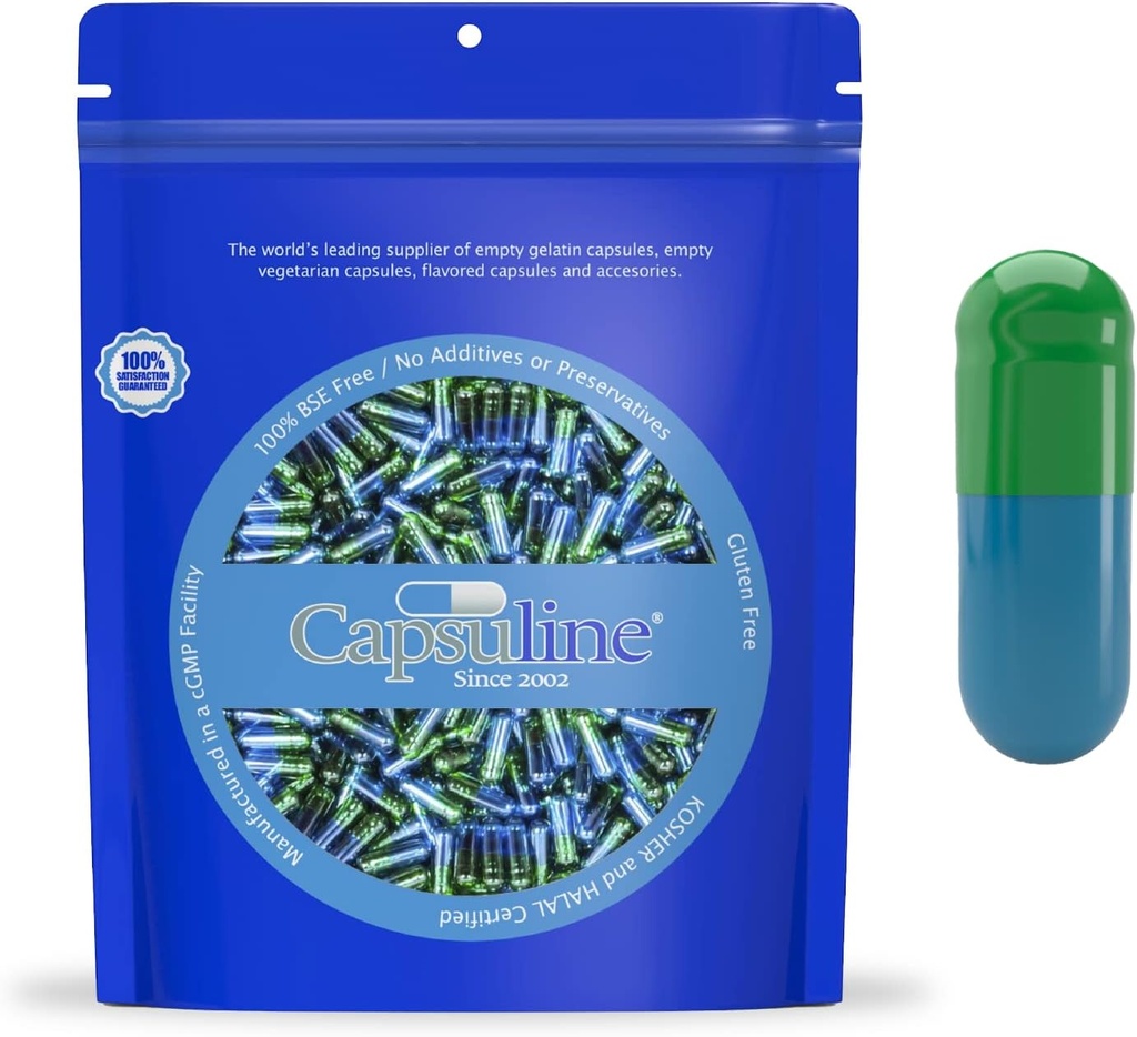 Capsuline Colored Dimension 3 Boş Gelatin Capsules Green / Blue 1000 Count |Kosher & Halal Sertifikalı |Gluten Free