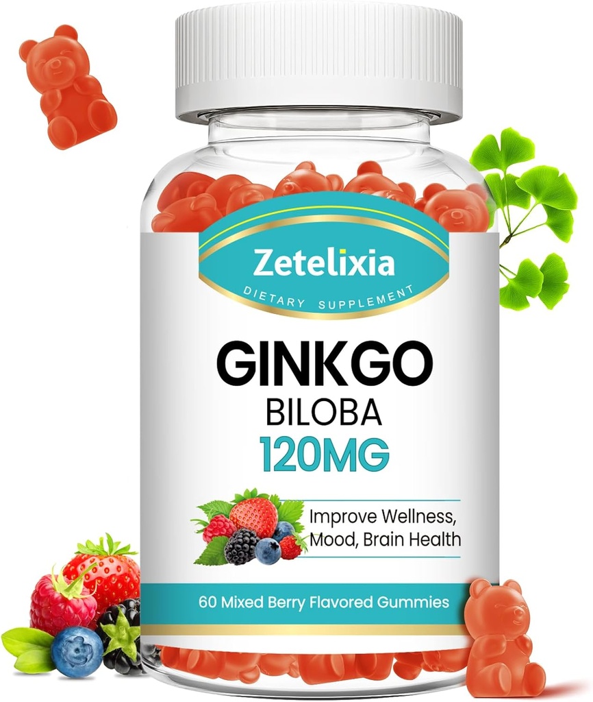 Ginkgo Biloba Gummies for Women and Men, Brain Supplement Improve Better Mood and Focus, Vegan Mixed Berry Flavor 60 Count