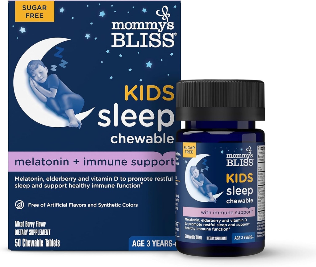 Anne'nin Bliss Kids Sleep + Immunity 1 mg Melatonin Chewable, Contains, Magnezyum, Elderberry ve Vitamin D, Sugar Free, 3 Years+, 1 Şişe (50 Tablet)